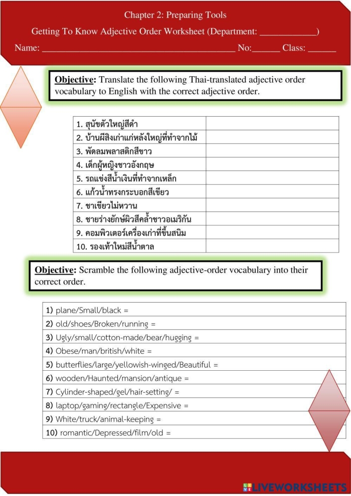 Adjective Order Grammar Practice Activity for Elementary Students Fourth grade students practicing correct adjective order with grammar exercises on a worksheet