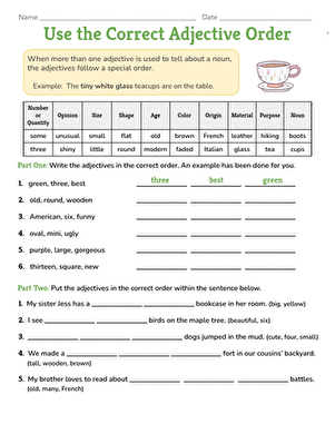 Use the Correct Adjective Order Grammar Practice Activity for Elementary Students Fourth grade students practicing correct adjective order with grammar exercises on a worksheet