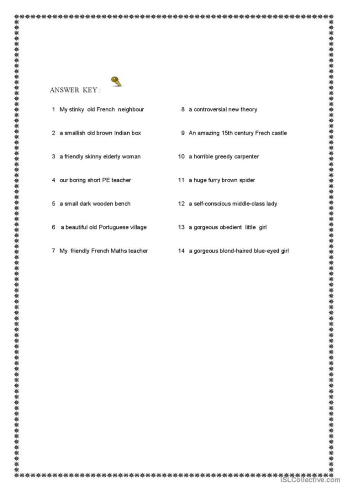Use the Correct Adjective Order Grammar Practice Activity for Elementary Students Fourth grade students practicing correct adjective order with grammar exercises on a worksheet