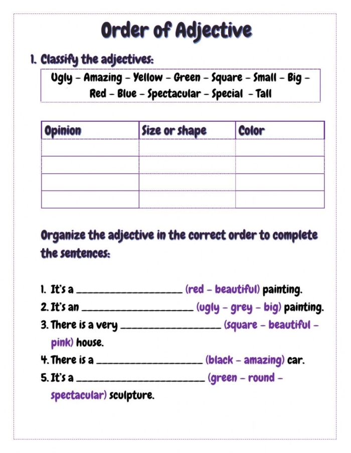 Use the Correct Adjective Order Grammar Practice Activity for Grade 4 Fourth grade students practice arranging adjectives in the correct order on a grammar worksheet exercise