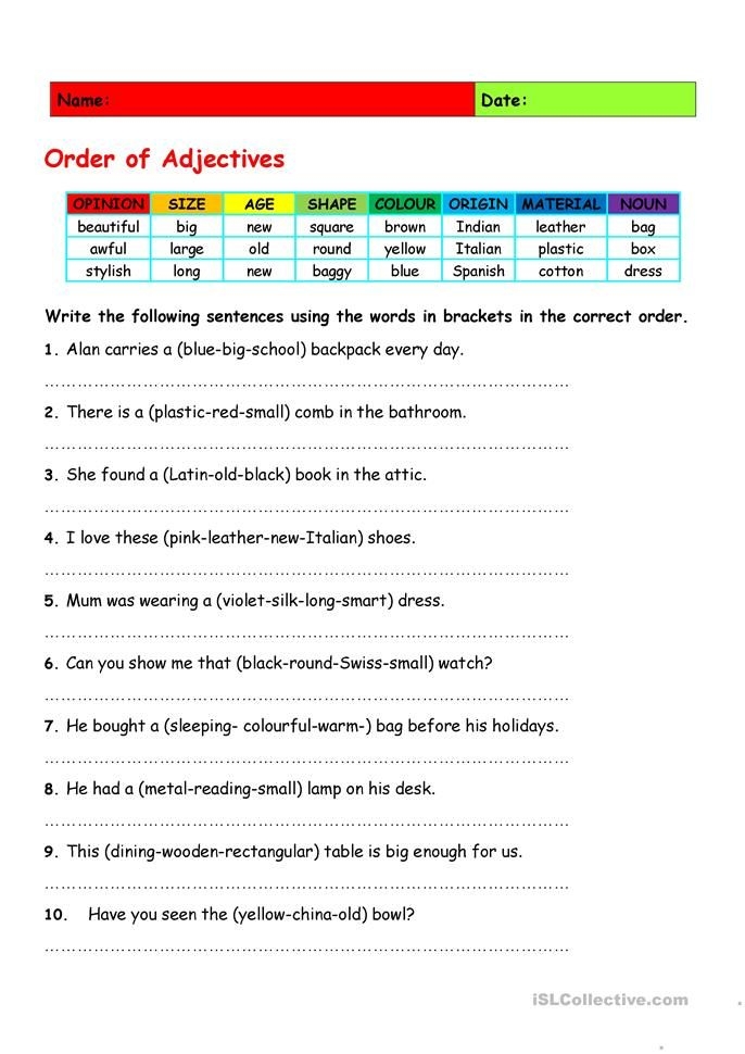 Use the Correct Adjective Order worksheet for grade four measurement exercises number twenty-two Fourth grade students completing a grammar worksheet on correct adjective order for measurements