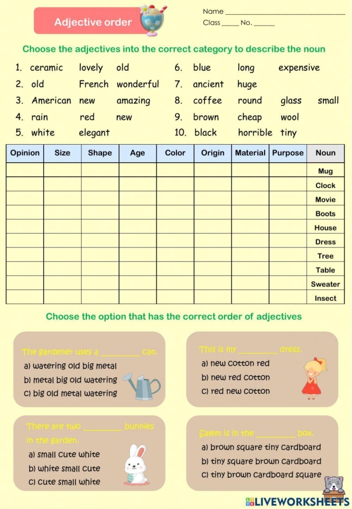 Correct Adjective Order Practice Exercise for Elementary Students Fourth grade grammar worksheet teaching students the proper sequence of adjectives in English sentences