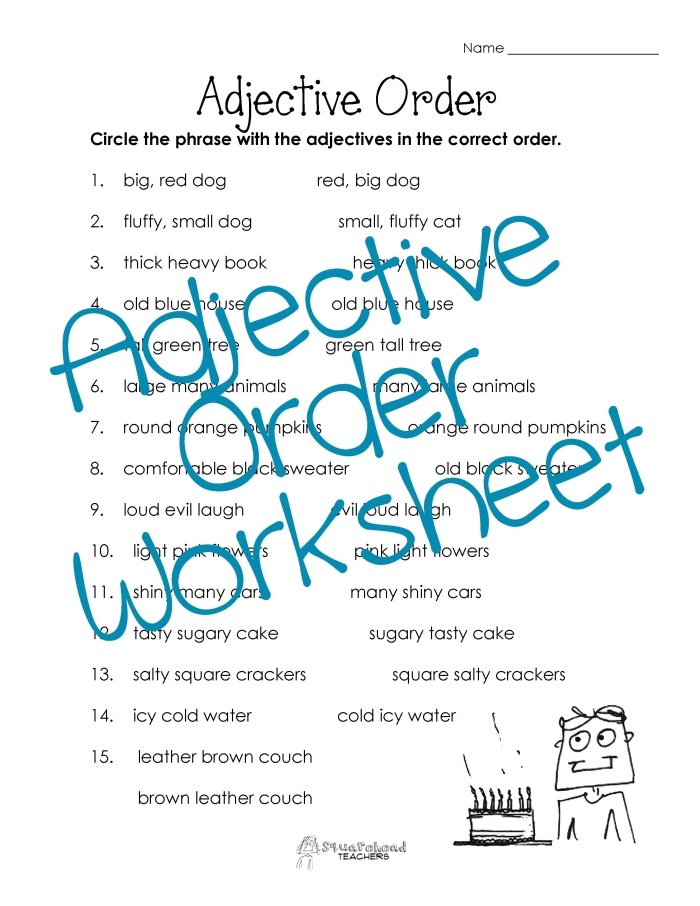 Use the Correct Adjective Order Worksheet 23 for Fourth Grade Measurement Lessons Fourth grade students practicing adjective order rules on a measurement themed grammar worksheet 23