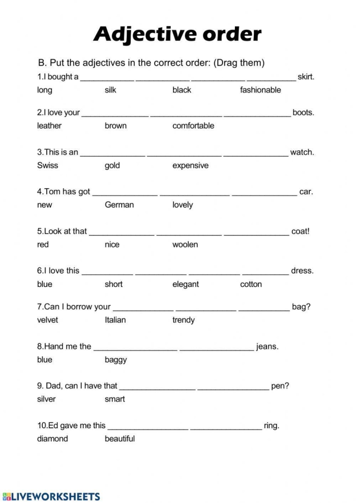 Use the Correct Adjective Order Measurement Worksheet for Grade 16 Fourth grade worksheet featuring practice exercises on the correct order of adjectives for measurement concepts