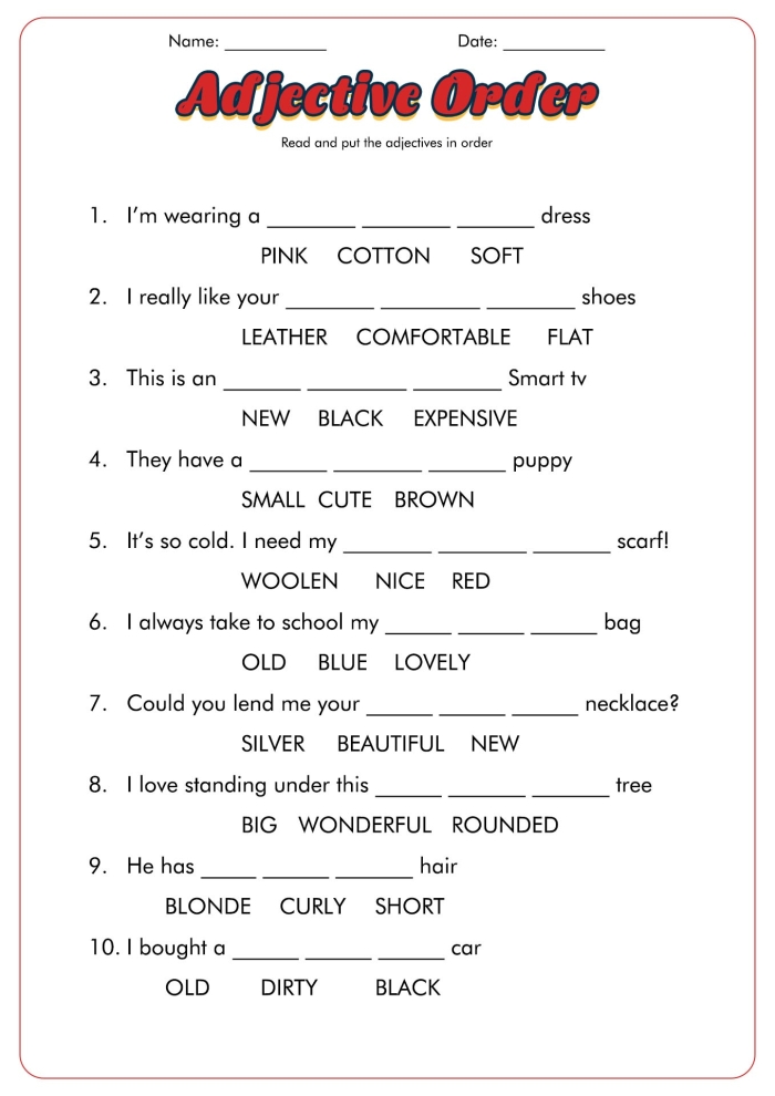 Fix the Sentences Adjective Order Worksheet 25 Fourth grade adjective order worksheet showing sentences to be fixed