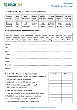 Use the Correct Adjective Order worksheet for grade four number 24 Fourth grade students practicing adjective order with a measurement grammar worksheet