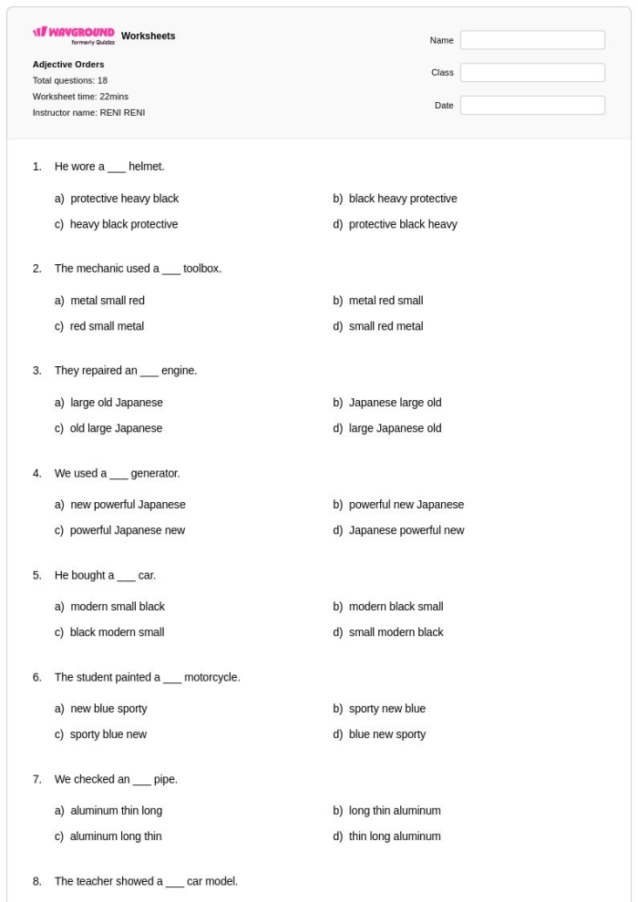 Fix the Sentences Adjective Order Fourth Grade Worksheet 1 Fourth grade students practice organizing adjectives in the correct sequence on a classroom worksheet