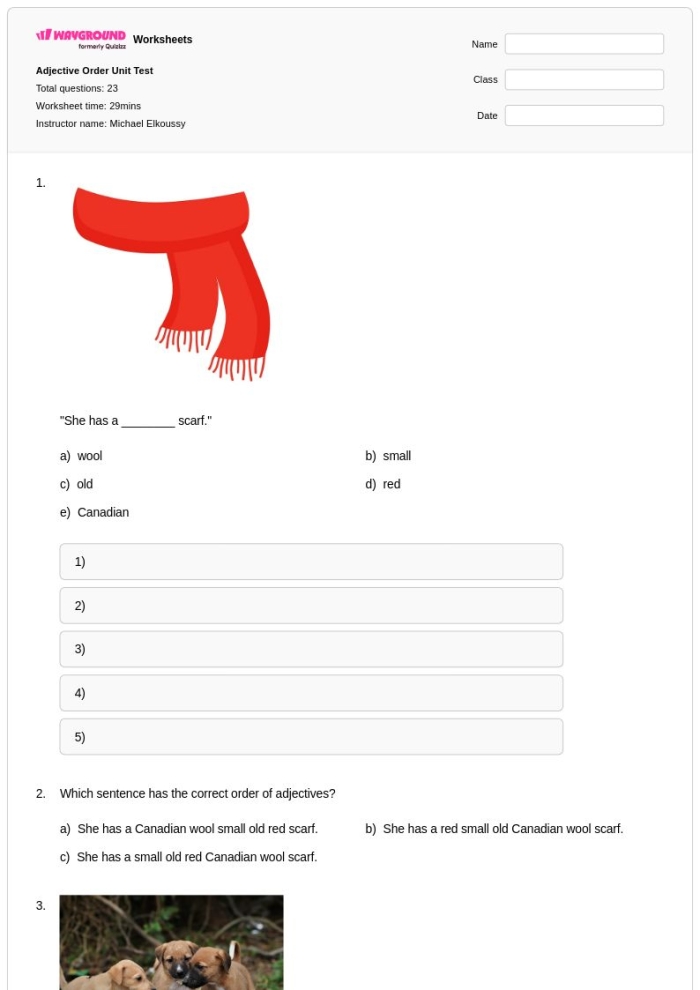Fix the Sentences Adjective Order Worksheet 15 Fourth grade student worksheet for practicing the correct sequence of adjectives in sentences
