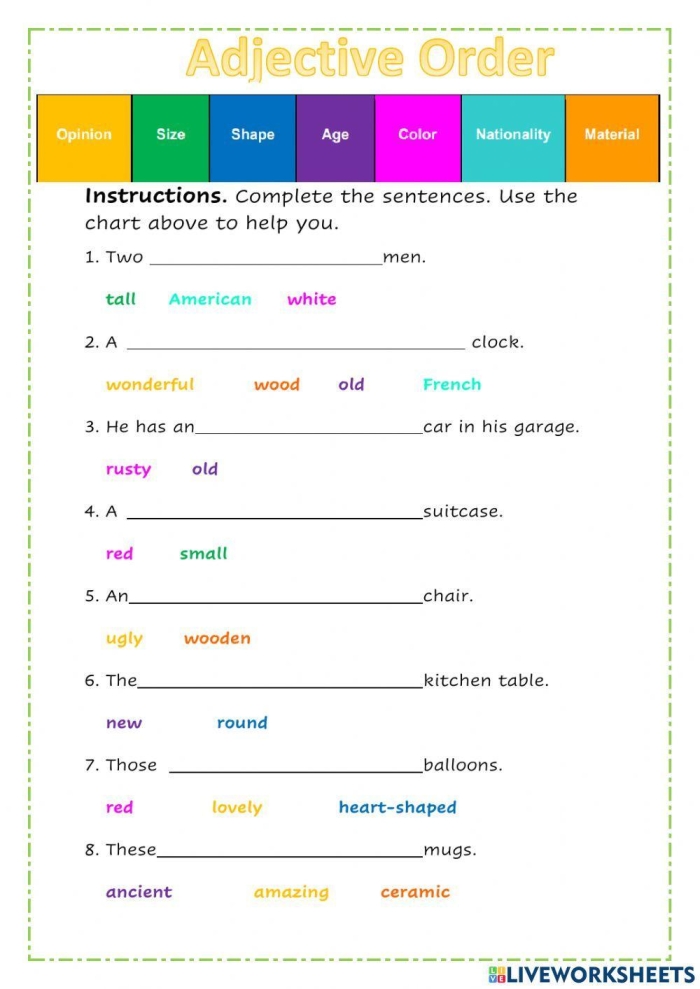 Fix the Sentences Adjective Order Worksheet Activity 17 Fourth grade worksheet for practicing adjective order with seventeen as the activity set