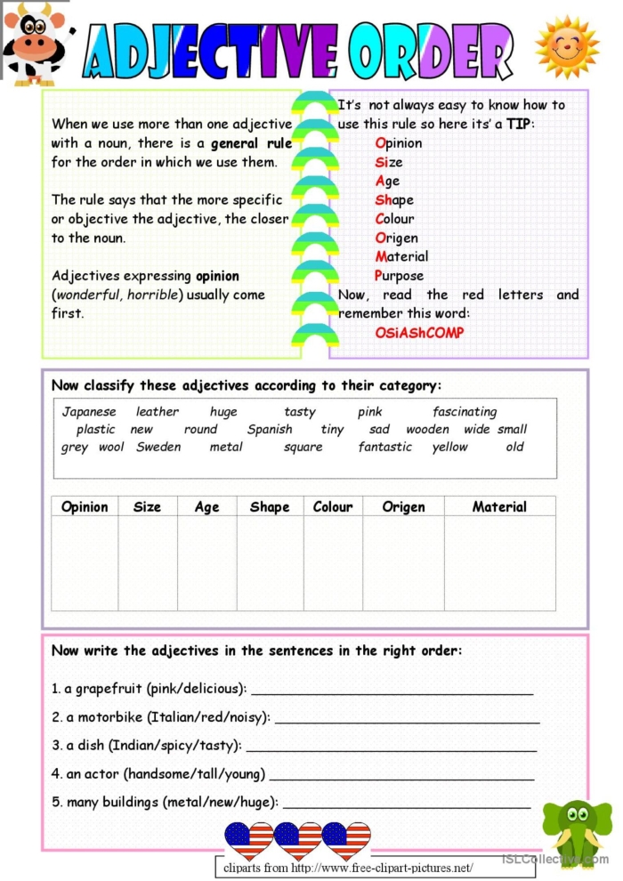 Fix the Sentences: Adjective Order worksheet for 4th grade students Worksheet featuring exercises on correct adjective order for fourth graders