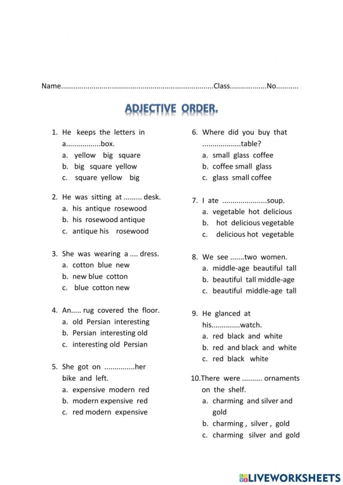 Use the Correct Adjective Order Worksheet Part Two Fourth grade student worksheet for practicing the correct sequence of adjectives in sentences
