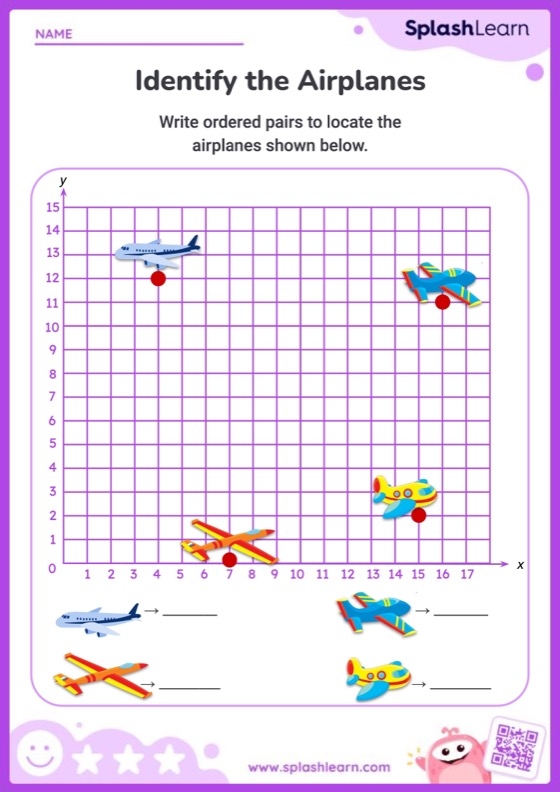 Coordinate Points at the Air Show worksheet for fourth graders to practice graphing skills Worksheet for plotting coordinate points at the air show to assist pilots in finding their routes