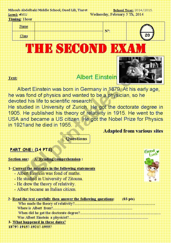 Worksheet introducing Albert Einstein and basic theoretical physics concepts Illustration of a worksheet about Albert Einstein for fourth graders