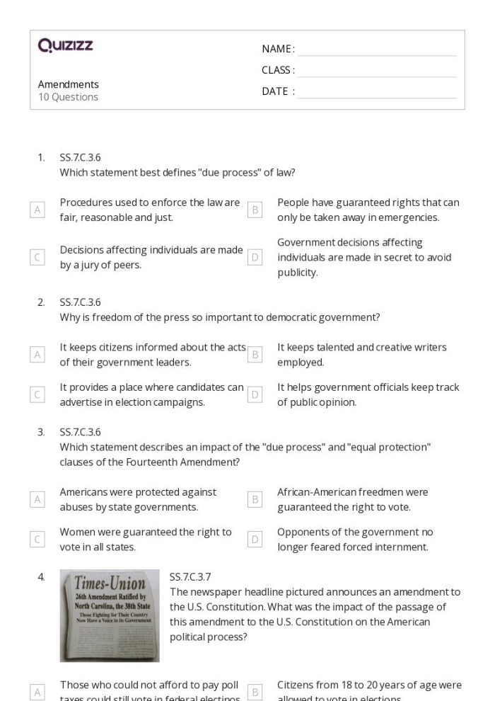 Fourth grade students answering questions about constitutional amendments on a quiz worksheet