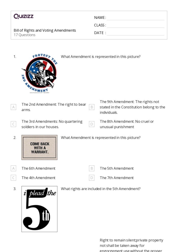 Fourth grade students completing a Constitution amendments quiz worksheet