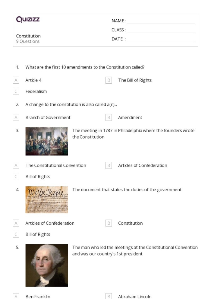 Fourth grade students completing an amendments quiz worksheet with constitution questions