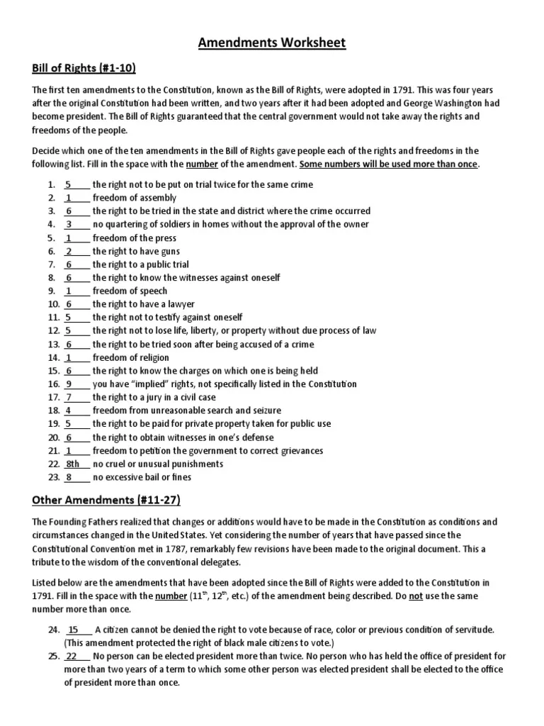 Fourth grade students completing an Amendments Quiz worksheet on U.S. Constitution knowledge