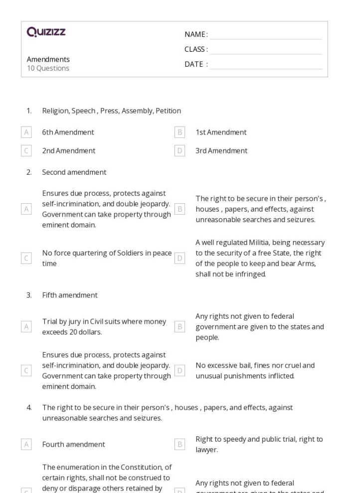Fourth grade students filling out a U.S. Constitution Amendments quiz worksheet