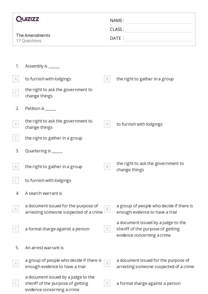 Fourth grade students completing an amendments quiz worksheet with constitution questions