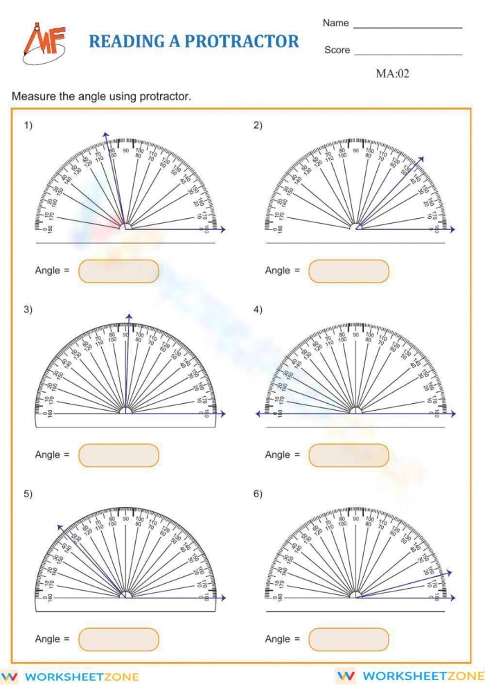 Fourth grade student using a protractor to measure angles in a geometry worksheet