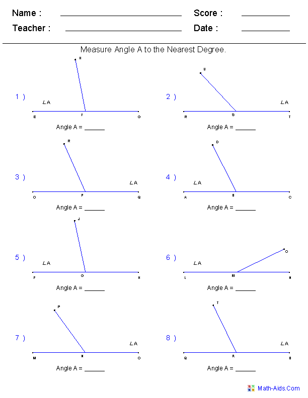 Worksheet for measuring angles with a protractor for fourth graders