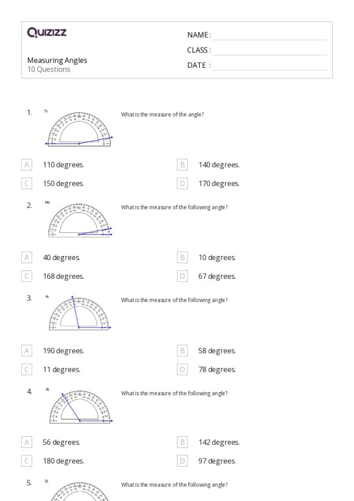 Worksheet for measuring angles with a protractor for fourth graders