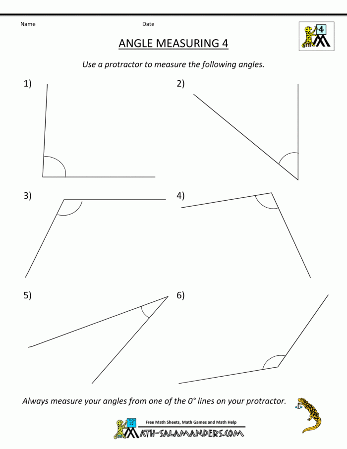 Worksheet featuring students practicing measuring and classifying angles with protractors