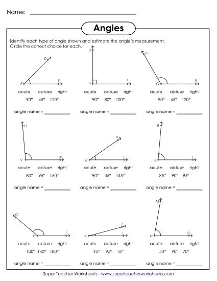 Fourth grade worksheet showing a variety of angles for students to measure with a protractor and classify
