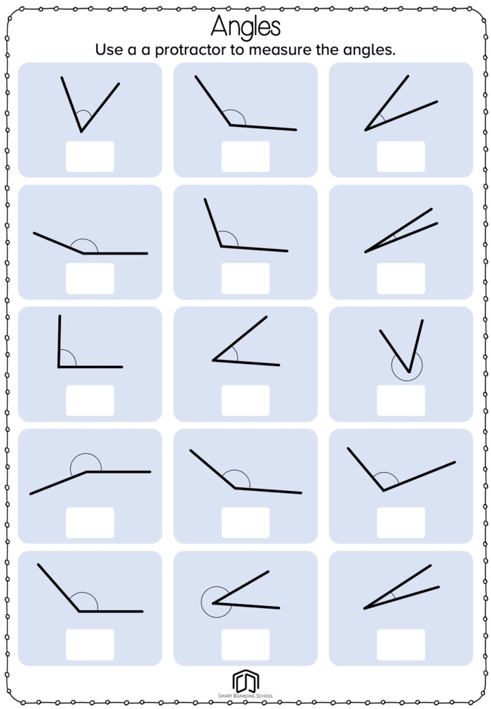 Worksheet featuring fourth graders measuring and classifying angles with protractors
