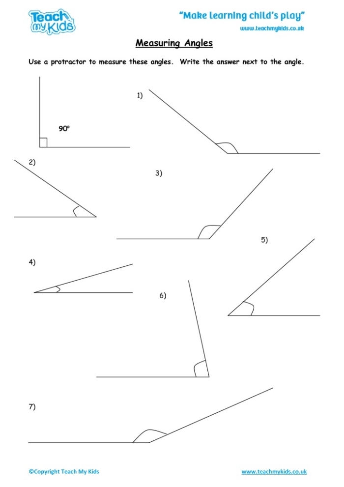 Worksheet featuring a protractor for measuring angles in a geometry exercise
