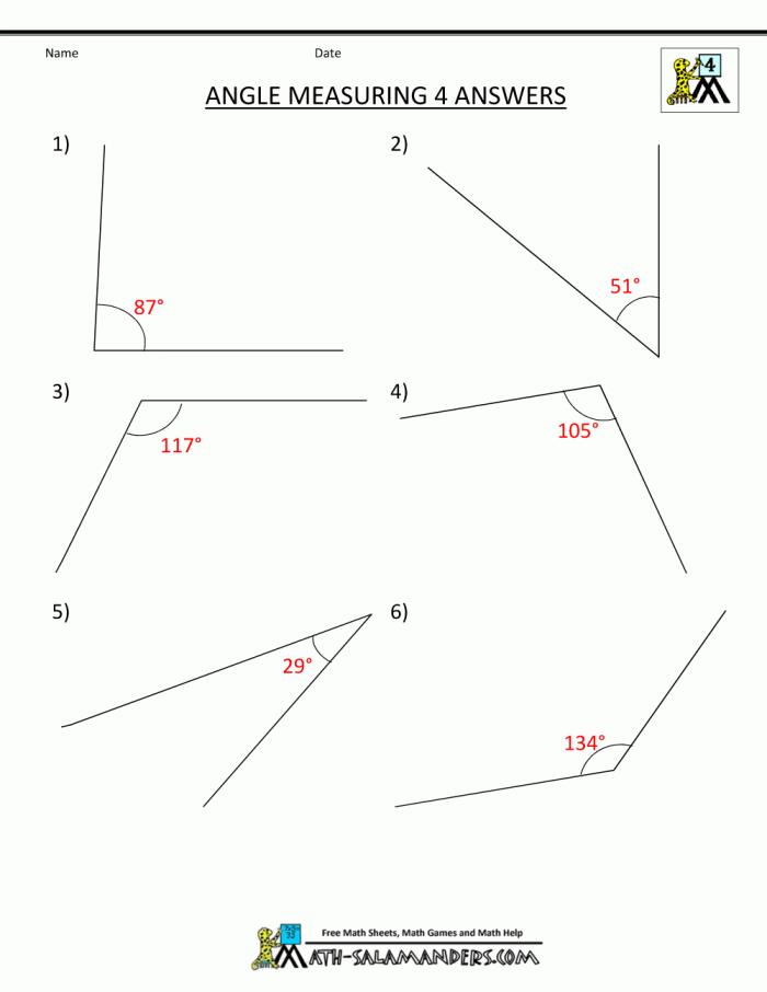 Worksheet featuring a protractor for measuring angles in a fourth-grade geometry lesson