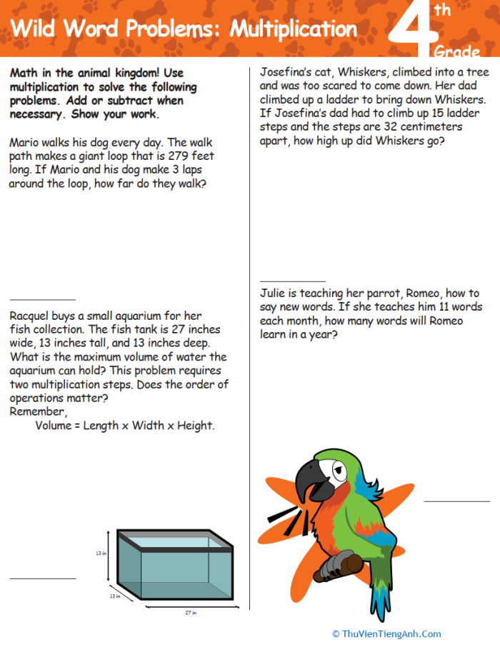 Fourth grade multiplication word problems featuring animals and multi-digit numbers for practicing ratios and proportions