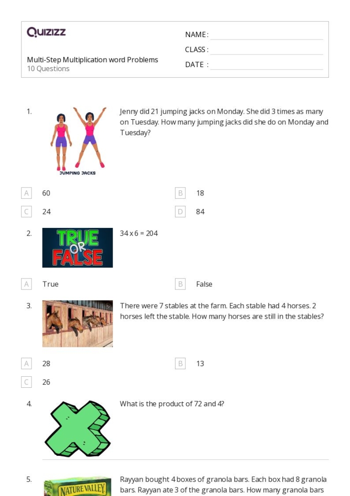 Fourth grade multiplication worksheet featuring wild animal themed multi-digit word problems