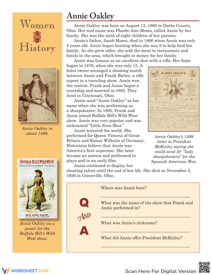 An educational worksheet featuring Annie Oakley, the iconic sharpshooter of the Wild West. Discover the legacy of this remarkable woman in history with our engaging fourth-grade activity.