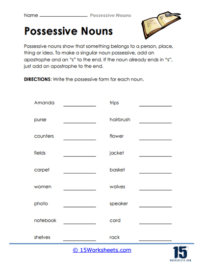 Singular and Plural Possessives Apostrophe Practice Exercise 11 Fourth grade students practice adding apostrophes to singular and plural nouns to show possession in this grammar worksheet activity