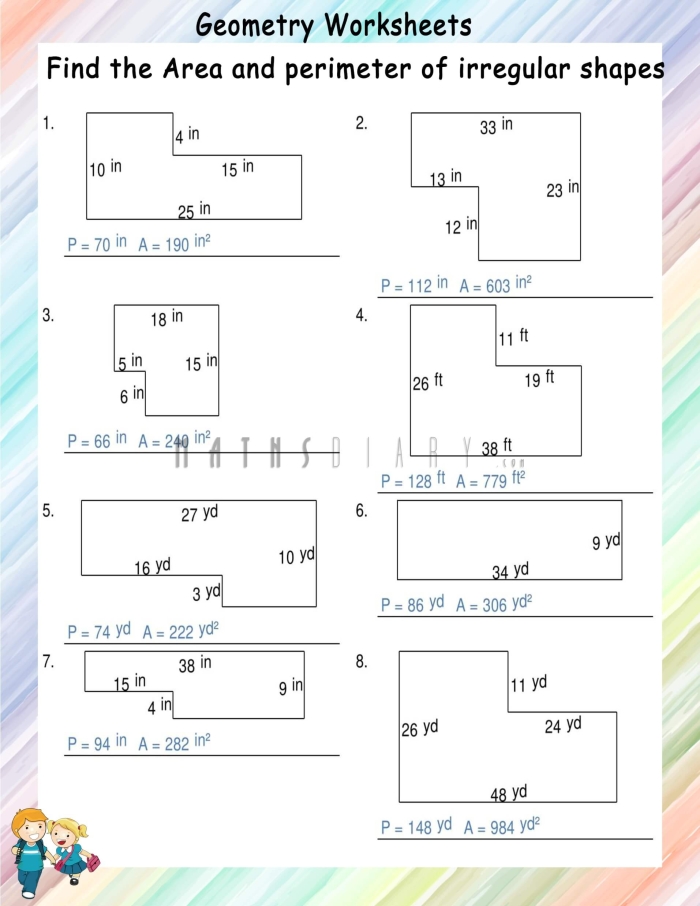 Fourth grade geometry worksheet showing rectangles with labeled dimensions for calculating area using length and width measurements