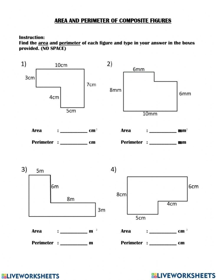 Worksheet featuring compound shapes for area calculation practice