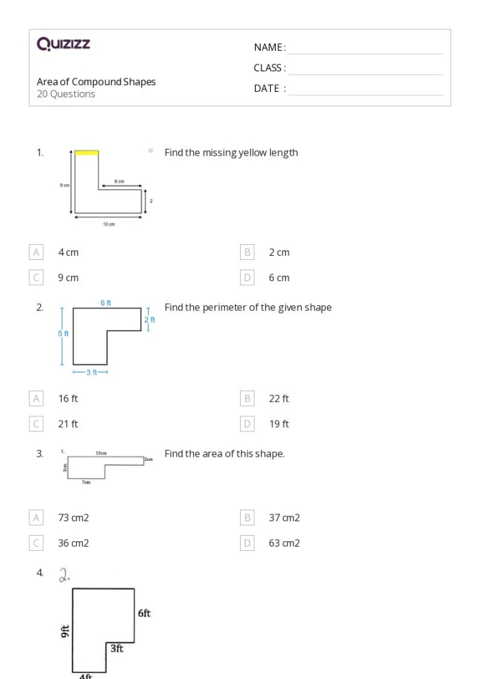 Fourth grade student completing a worksheet on calculating the area of compound shapes