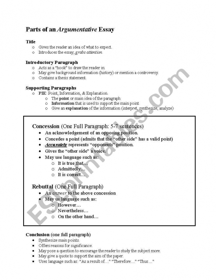 Worksheet illustrating the five essential components of an argument for fourth-grade students. Argument Writing: Parts of an Argument worksheet for teaching grammar and mechanics.