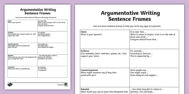 Fourth grade Life Science worksheet featuring argument writing sentence frames to support student claims