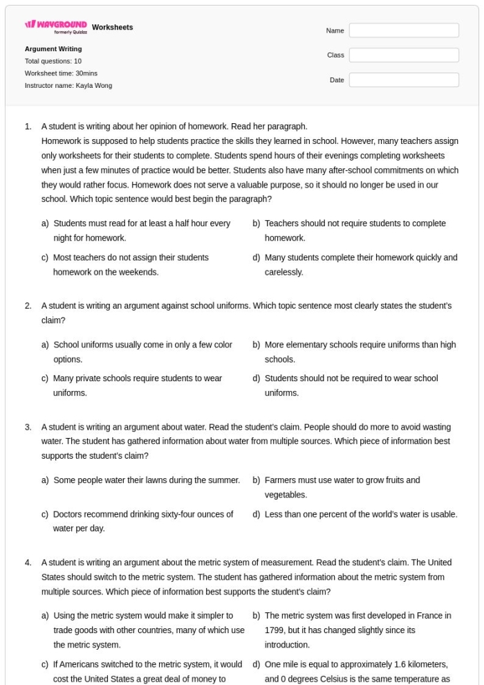 Worksheet illustrating the five components of a strong argument for fourth graders