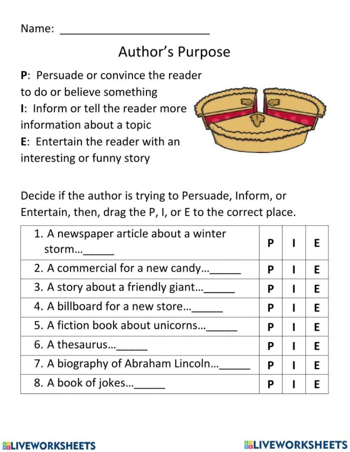 Fourth grade students practicing how to identify the author's purpose on a reading worksheet
