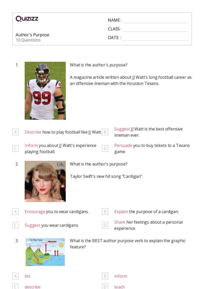 Fourth grade students practice identifying if an author is persuading, informing, or entertaining on this reading worksheet