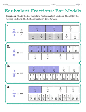 Fourth grade students using bar models to solve equivalent fraction problems on a printable math worksheet