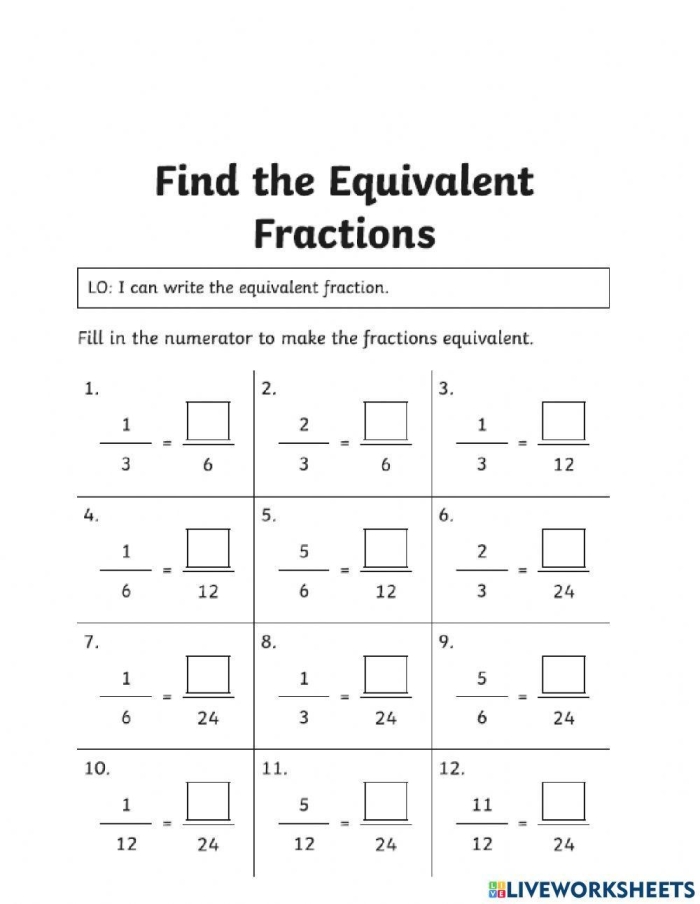 Worksheet featuring bar models to teach equivalent fractions for fourth graders