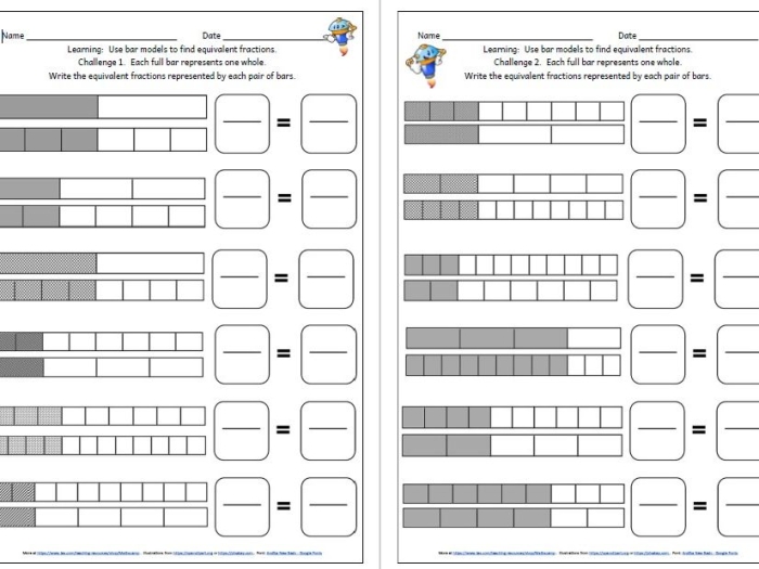 Fourth grade math worksheet featuring bar models to help students visualize and practice finding equivalent fractions