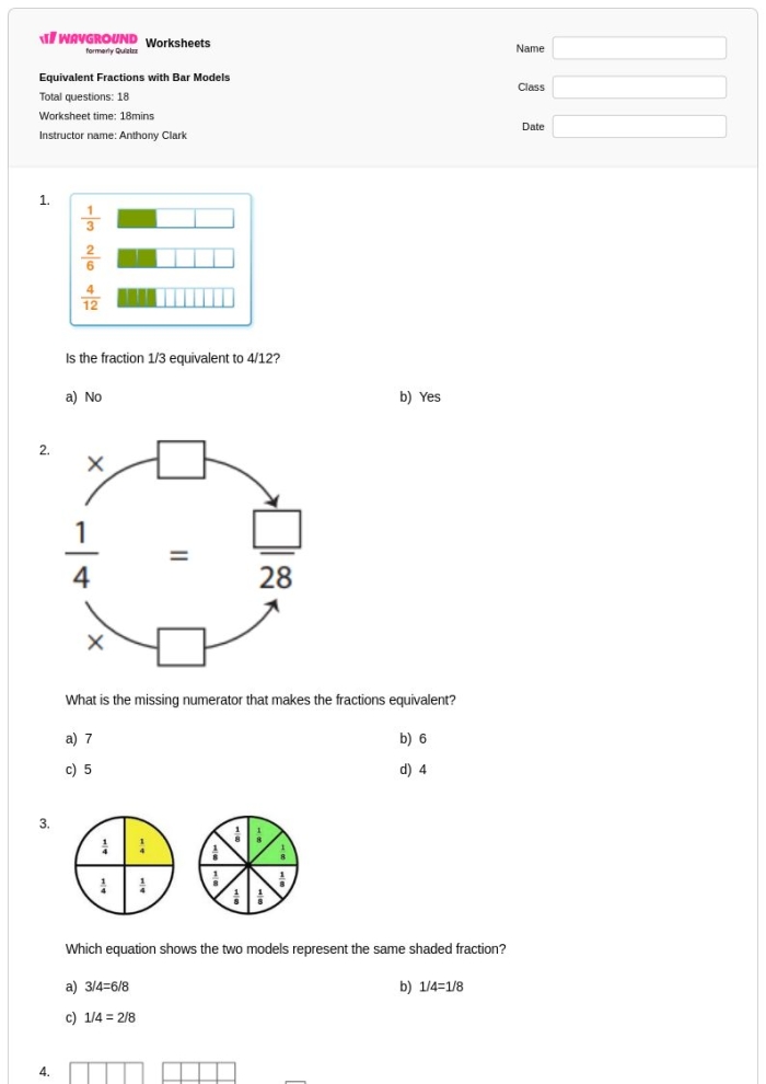 Fourth grade math worksheet featuring bar models for visualizing equivalent fractions