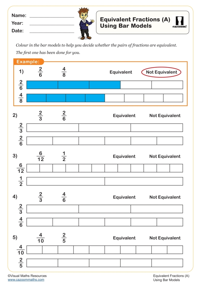 Fourth grade math worksheet featuring colorful bar models for teaching equivalent fractions