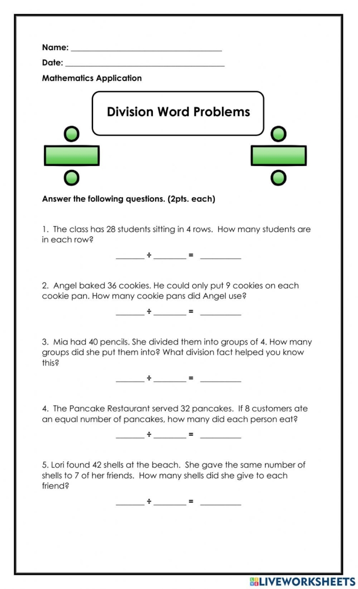 Simple Division Word Problems Worksheet for Grade 4 Number 12 Fourth grade student solving seven simple division word problems on a math worksheet