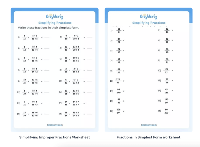 Simplify Fractions Practice Sheet 10 for Elementary Math Students Fourth grade math worksheet showing practice problems for reducing fractions to their simplest form with visual models and number examples